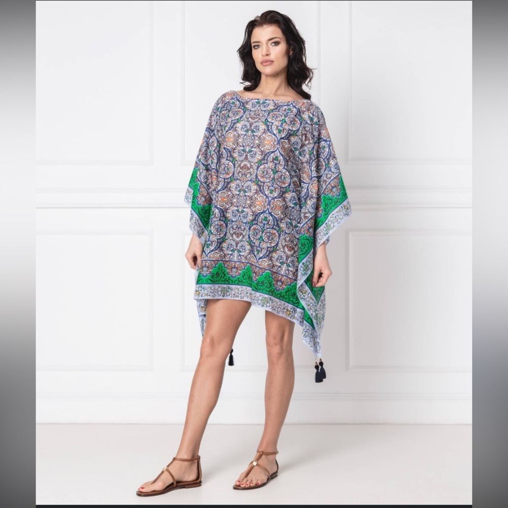 New Tory Burch Grand Voyage Classic Silk Caftan Coverup Floral Green Tassels L